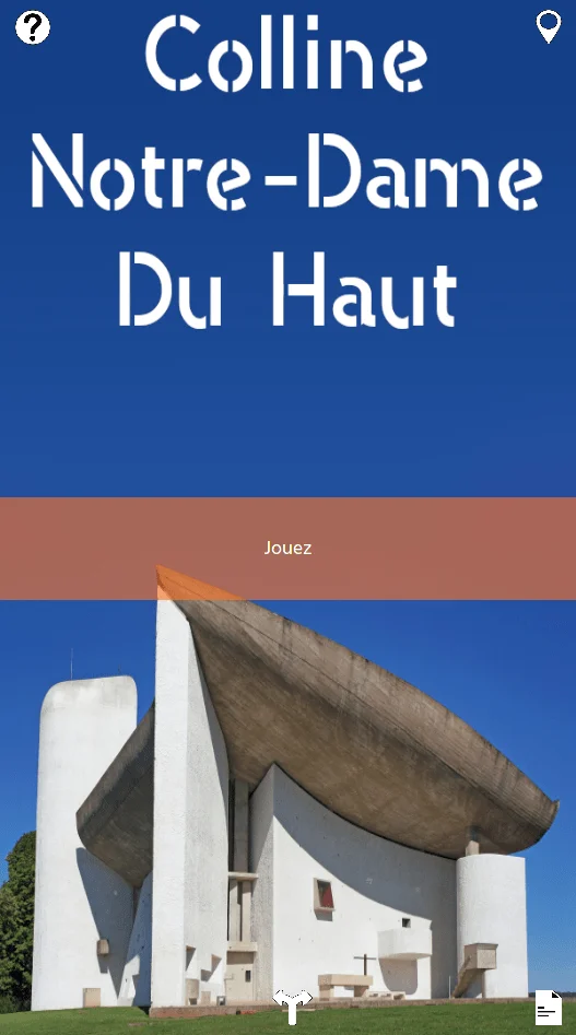 Page d'accueil du jeu « Agent 1 », avec une photographie de la Chapelle de Le Corbusier (site Unesco). Chapelle Notre-Dame-Du-Haut, Patrimonia, jeu Agent 001.